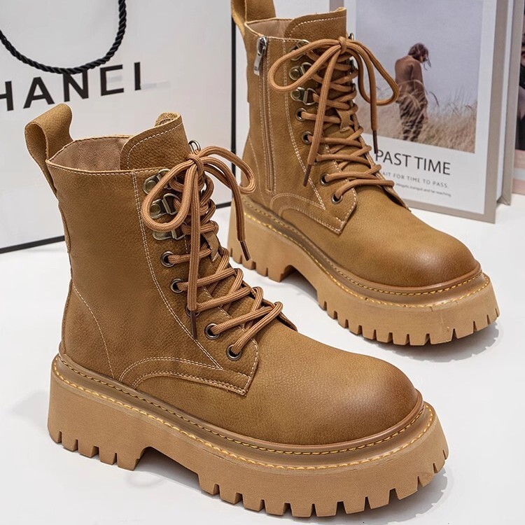 Thick soled Martin boots women's 2024 autumn and winter new workwear with fleece short boots brown motorcycle boots big yellow single boots