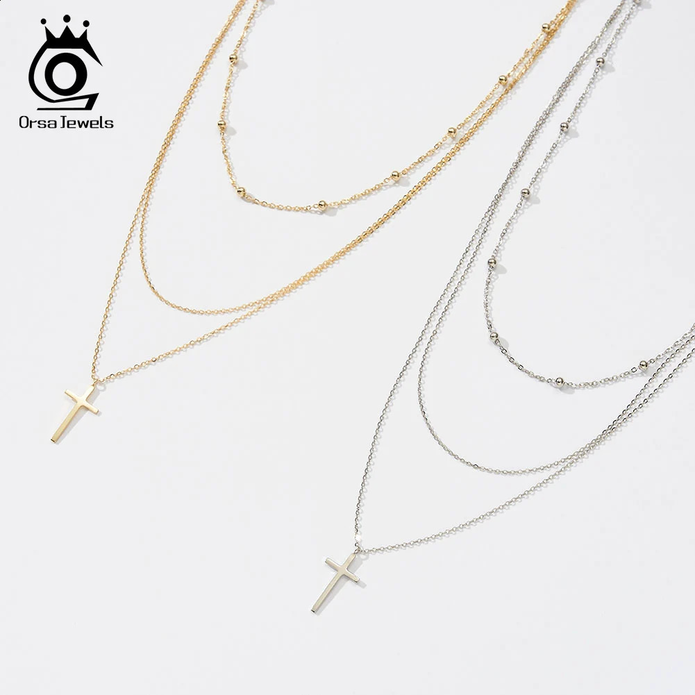 ORSA JEWELS 925 sterling silver layered necklace for women simple cross pendant beads hypoallergenic necklace jewelry BQN07 241018