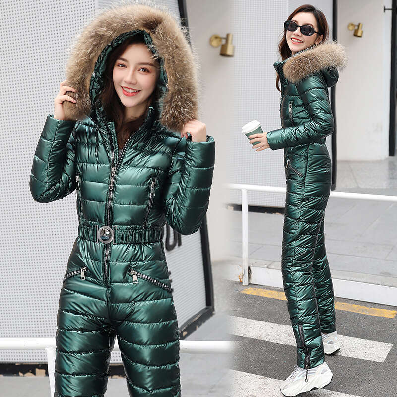 Women's Zipped Stand Collar Hooded Warm Winter Haruku Street Jumpsuits Women Fashion Long Sleeve Slim Parkas