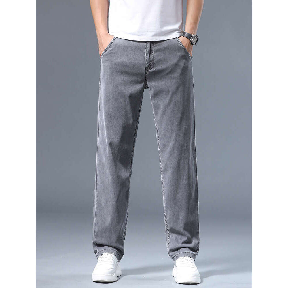 Summer Men's Lyocell Baggy Jeans Thin Soft Drape Business Casual Trousers Classic Gray Brand Straight Ice Silk Pants