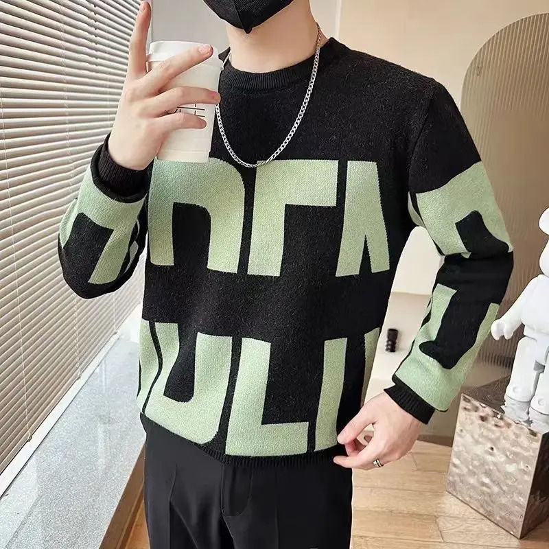 Fashion ONeck Spliced Casual Letter Sweaters Mens Clothing Autumn Winter Loose Knitted Korean Pullovers Allmatch Tops 241018
