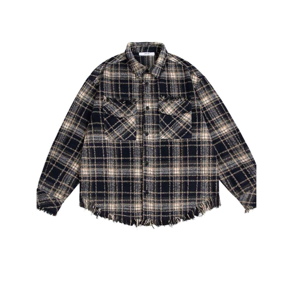 shanshi Men's shirts shanshi Men's shirts American plaid fringed design long sleeved men's trendy brand loose casual high street niche 