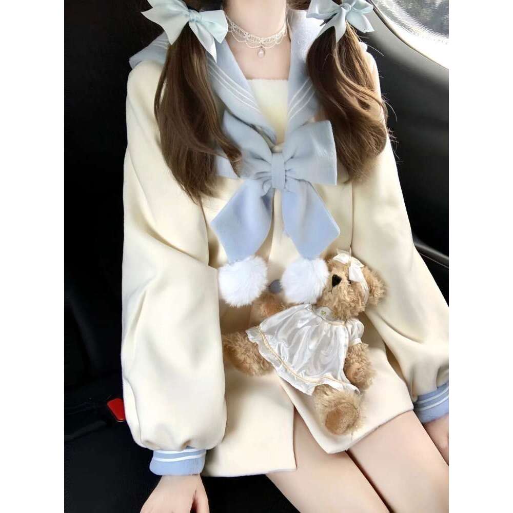 Sweet Bow Sailor Collar Black Tweed Coat Fashion All-Match Jk Jackets For Women 2024 Autumn New Long Sleeve Tops Mujer