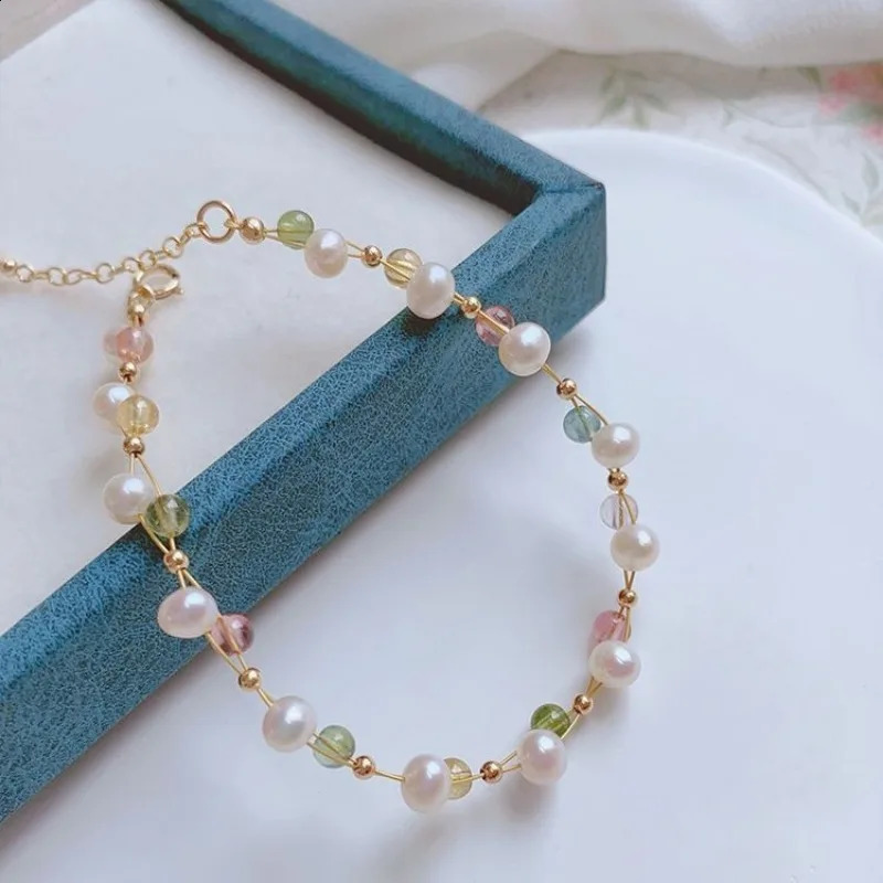 Minar Chic 14K Gold Copper Chain Rainbow Tourmaline Natural Stone Crystal Freshwater Pearl Bead Necklace 241018