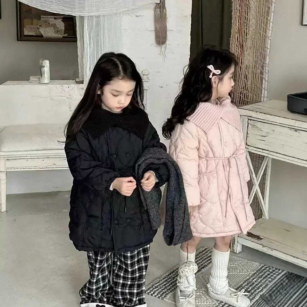 Baby girls long coat knitted wool collar lining cotton thick coat winter jacket childrens clothing for ages 3 to 8 M241018
