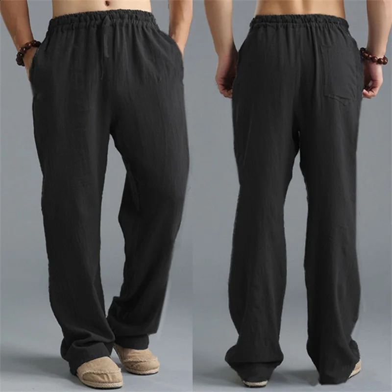 Summer Men Solid Color Linen Multi-pocket Straight Casual Pants Plus Large Size Breathable Comfortable Drawstring Loose Trousers 241010
