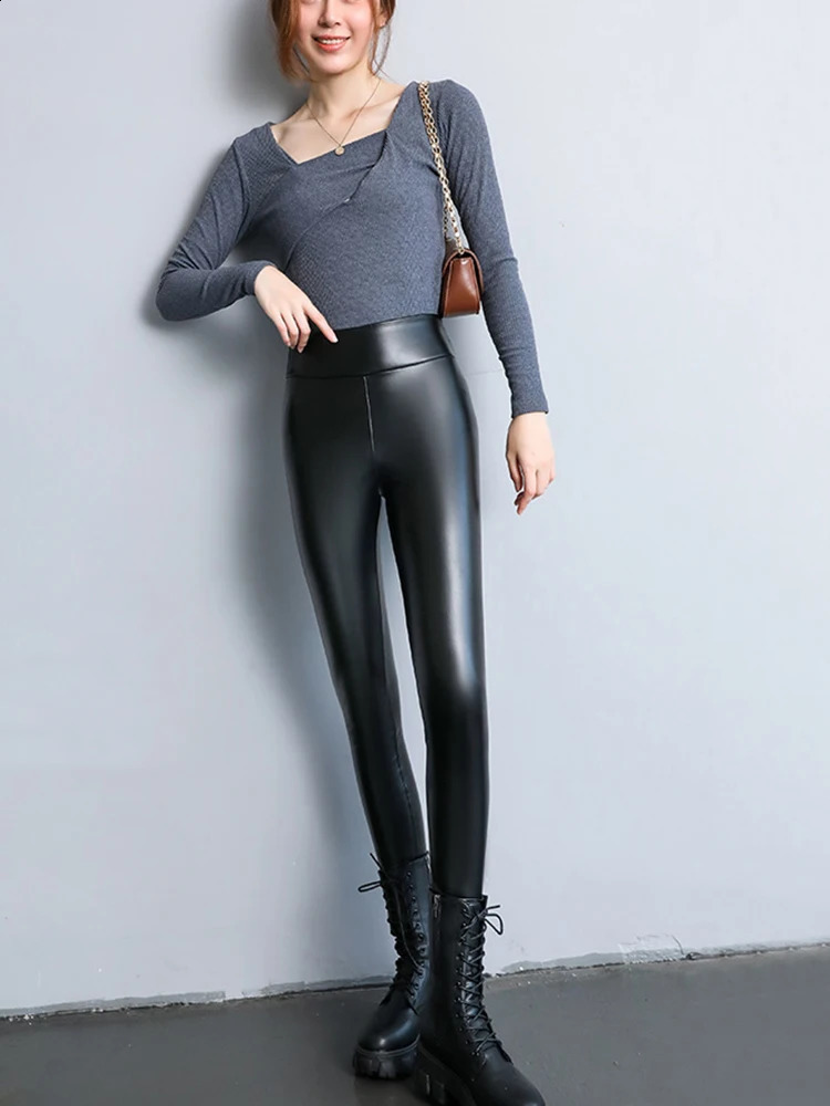 2023 Winter Spring Womens Leggings Korean Fashion High Waist Faux Leather Pants Black Slimming PU Trousers for Women 241007