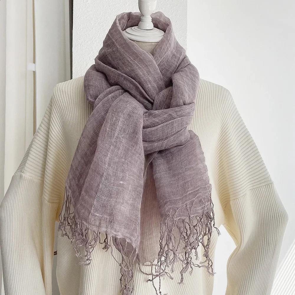 Summer Sunscreen Linen Scarf Womens Solid Tassel Shawl Art Forest Japanese and Korean Linen 241017