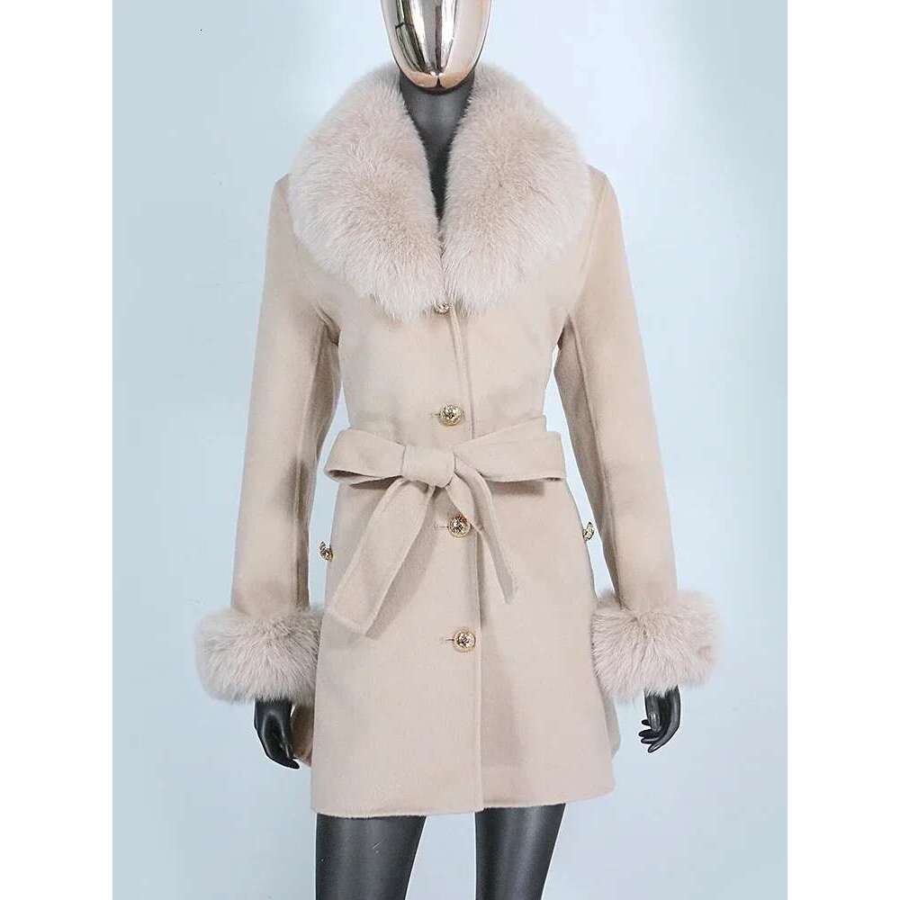 2024 New Winter Jacket Women Cuffs Belt Cashmere Wool Woolen Outerwear Fashion Streetwear Real Coat Natural Fox Fur Collar