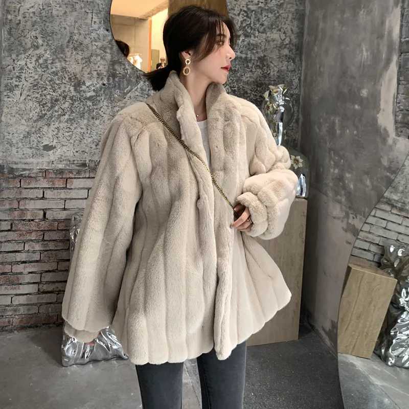 2024 Autumn Winter Faux Rabbit Fur for Women Medium Style Plushi Clothing Loose Lamb Wool Stand Collar Fur CoatX241018