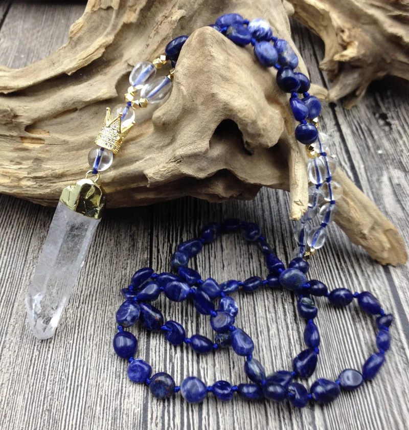 YA2827 Natural Quartz Pendant Sodalite Quartz Irregular Diamond Bead Knot Handmade Necklace 241018