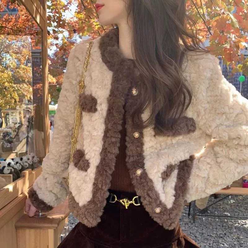 Elegant Streetwear Faux Lamb Wools Short Coat Women Korean Patchwork Cropped Jacket Thicken Warm Single Breasted Outerwear TopsX241018