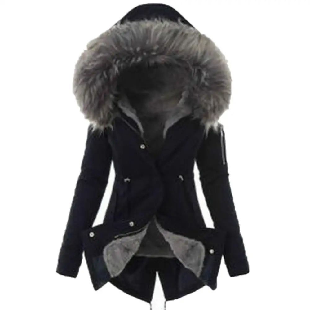Warm Winter Women Faux Fur Hooded Cotton Down Jacket Casual Outwear Long Overcoat 241018