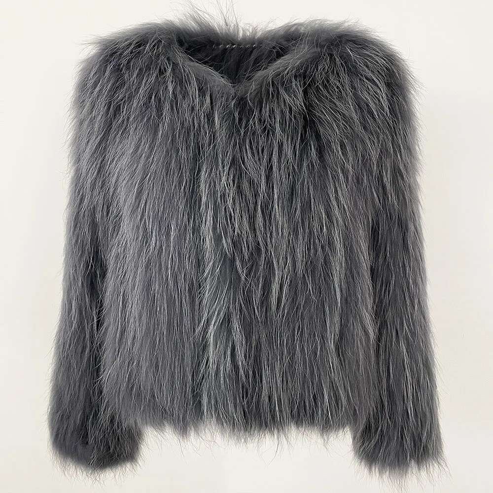 Real Raccoon Double-Side Knitted Thicken Natural Fur Jacket Long Sleeve V-Neck Winter Coat Women