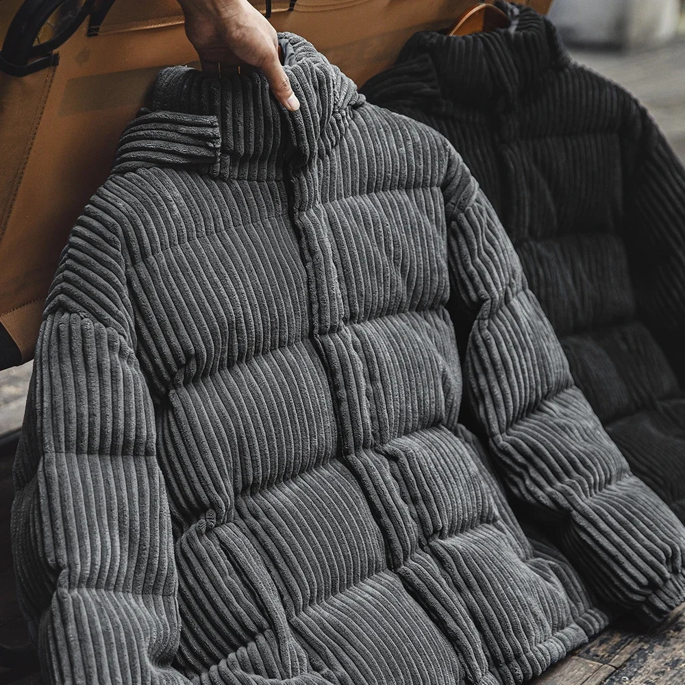 Maden Mens Corduroy Down Jacket Winter Thickened Warm Striped Hooded Coat Vintage Padded Jackets Removable Hood Black Clothing 241017