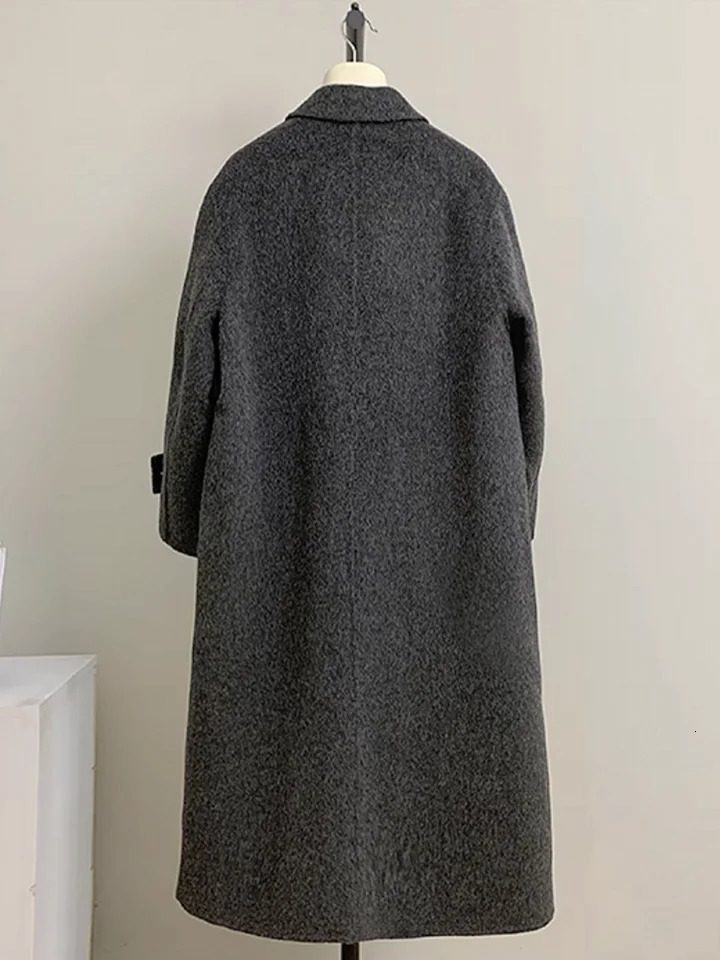 Autumn Winter Women Vintage Horn Button Double Faced Wool Coat Long Blends Fashion Loose Fit Thick Windbreaker Trench 241018
