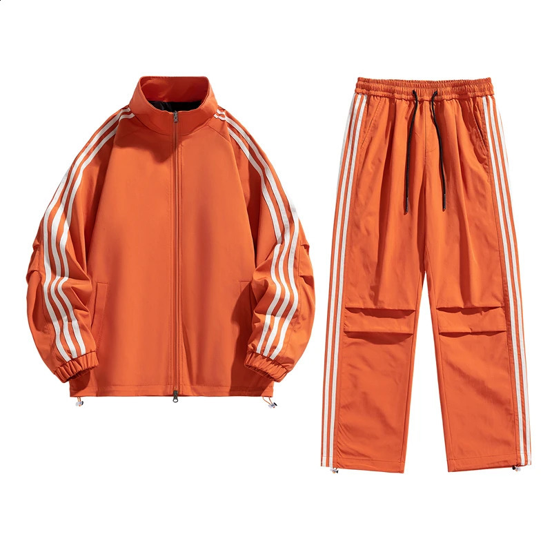 Youth Waterproof Suit Autumn Classic Striped Two Pieces Set Men Stand Collar Top Casual Jogging Outdoor Sweatpants Couple Sports 241017