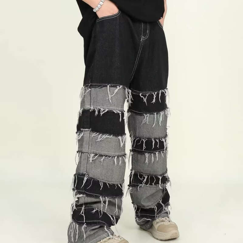 OIMG Y2K Streetwear Baggy Stacked Jeans Pants Men Clothing Patchwork Straight Loose Long Trousers Pantalones Hombre