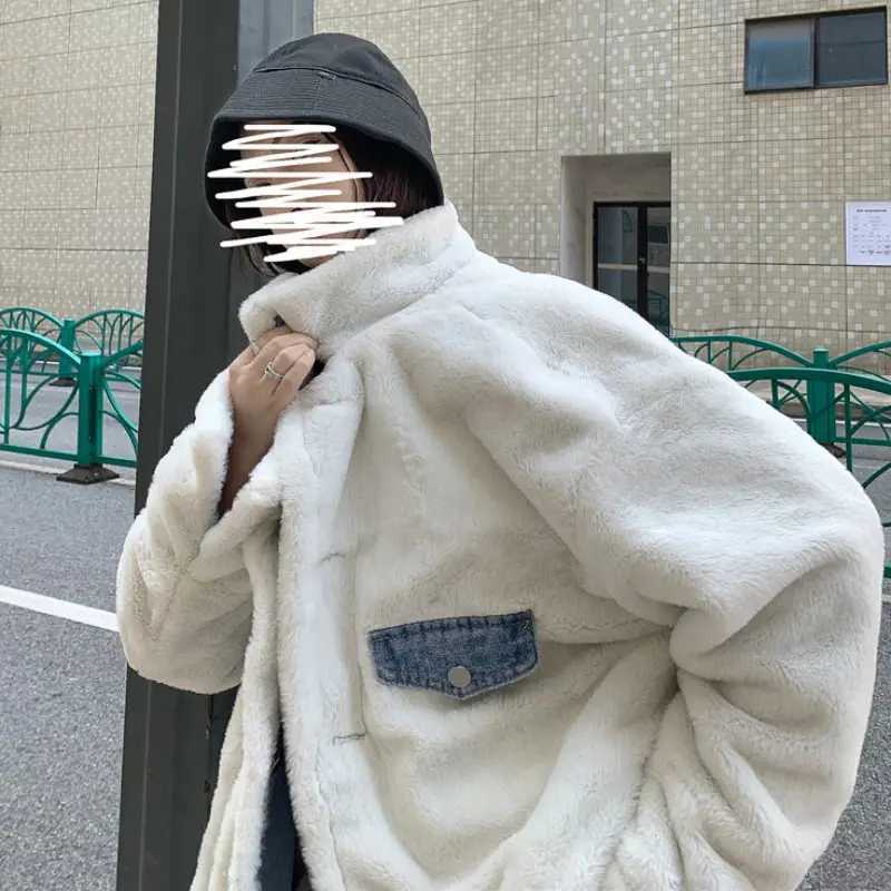 Oversized Womens Denim Jacket Plush Coat Autumn Winter Thickened Reversible Cotton Padded Streetwear Clothing Mujer Abrigo T174X241018