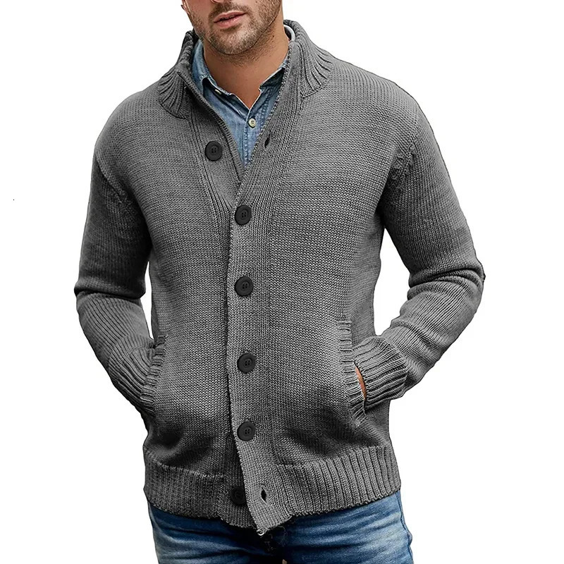 European and American Mens Sweater Cardigan Solid Color Singlebreasted Slimfit Highneck Knitted Autumn Winter Top 241018