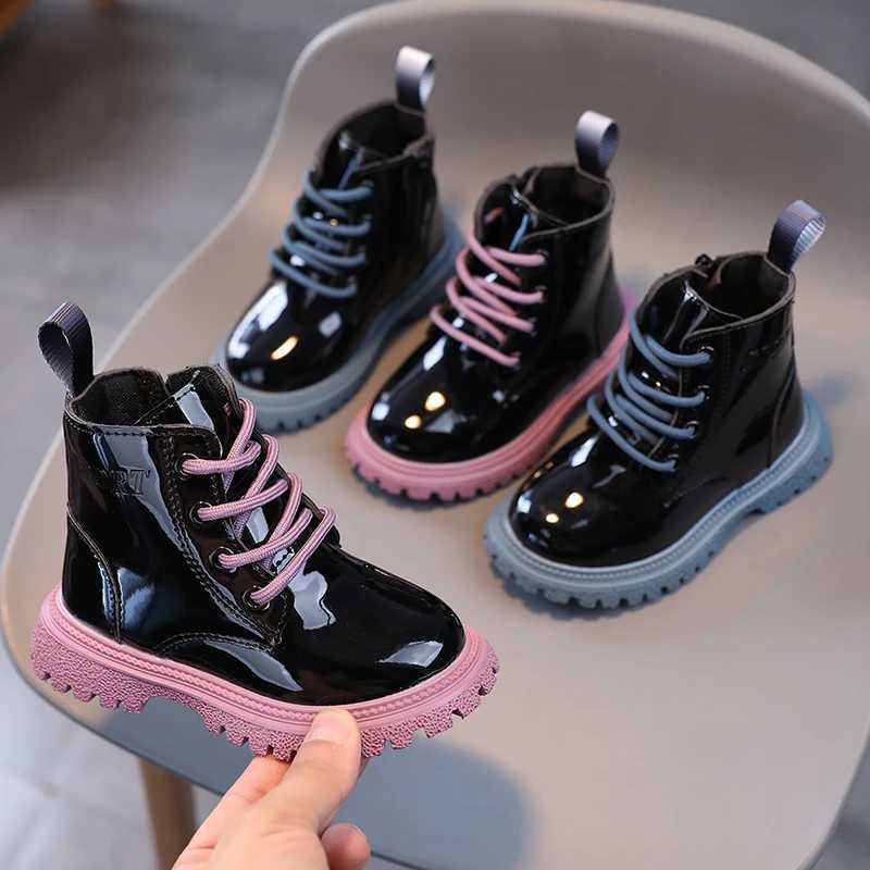 Boots New girl ankle boots single leg leather boots simple PU bright leather solid color lace childrens shoes H241018