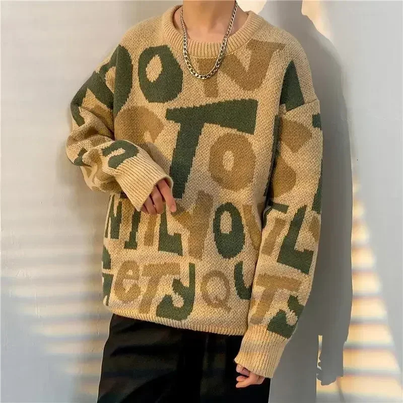 Mens Clothing Coat Crewneck Jacket Knit Sweater Male Round Collar Letter Pullovers Large Big Size Winter Thick Tops Trend 241018