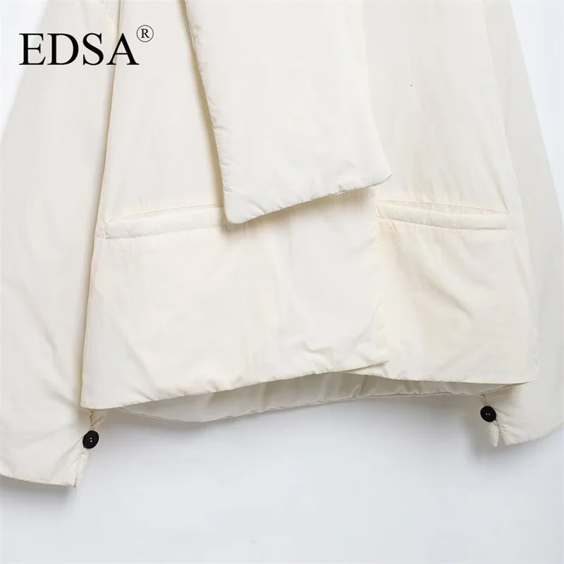EDSA Women Crop Parkas Quilted Jacket White Black Outerwear Short Padded Removable Scarf Warm Winter 241018