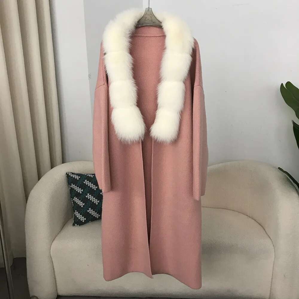 New Autumn/Winter Slouchy Long Over Knee Knitted 2024 Real Jacket Women's Natural Fox Fur Collar Loose Coat