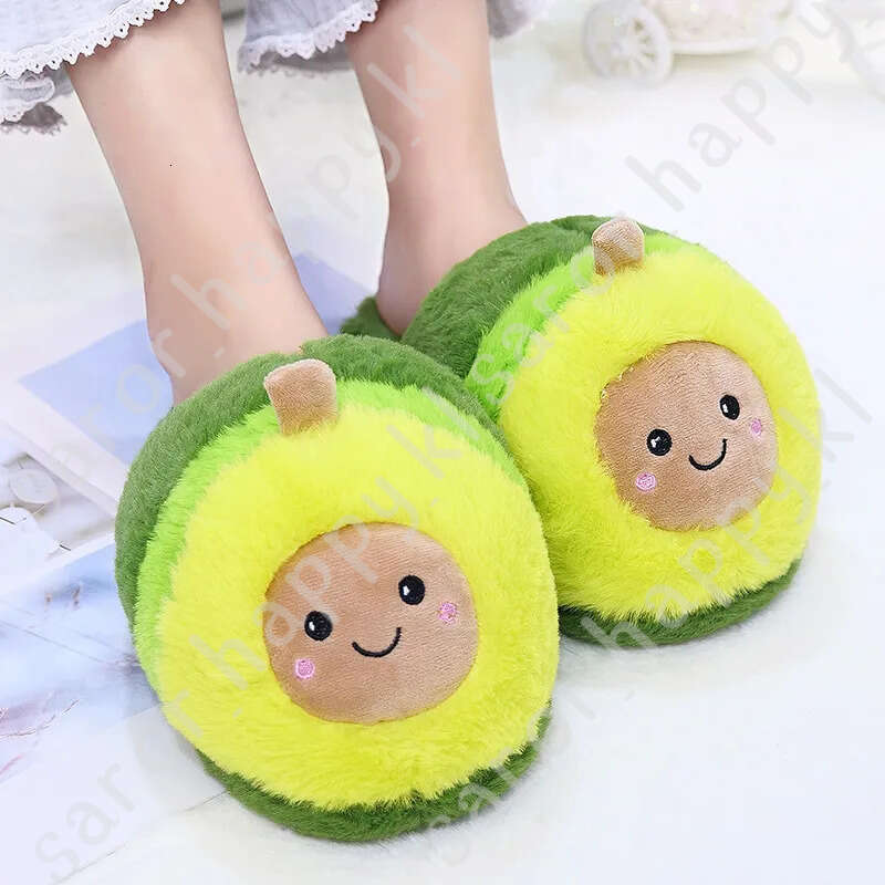 Winter House Women Fur Slippers Cute Cartoon Avocado Design Green Bedroom Ladies Plush Shoes Indoor Girls Warm Slippers 539