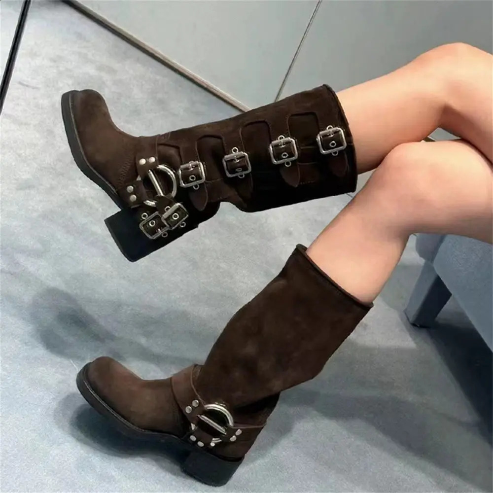 2024 cowhide leather womens y2k retro detachable bucket motorcycle boots brown buckle strap with boots241018 - view 3
