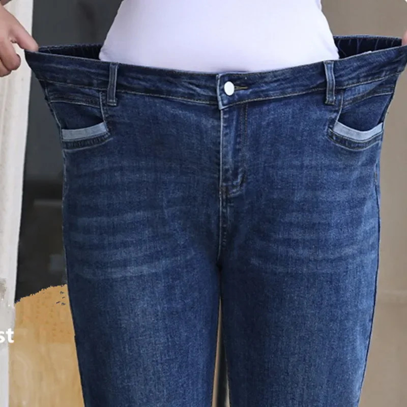 Straight Jeans Female Autumn Plus size 6XL 5XL High Waisted Loose Lady Classic Elegant Trousers Stretched Women Long Denim Pants 241007