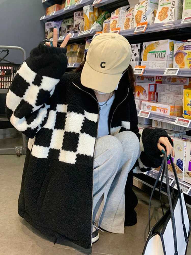 Deeptown High Street Zip Up Plaid Quilted Coat Women Harajuku Lamb Wool Jacket Retro Patchwork Loose Winter Outwear Preppy StyleX241018