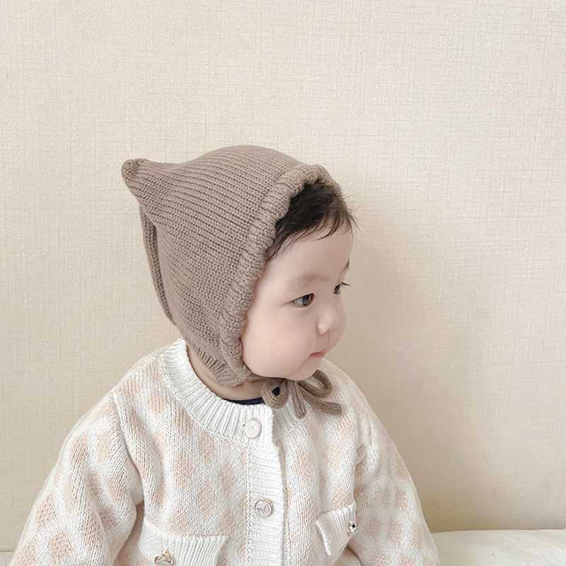 Cute Baby Knitted Hat Autumn Winter Warm Infant Ear Protection Cap Solid Color Cat Ears Kids Boy Girl Crochet Woolen Hat LX241018