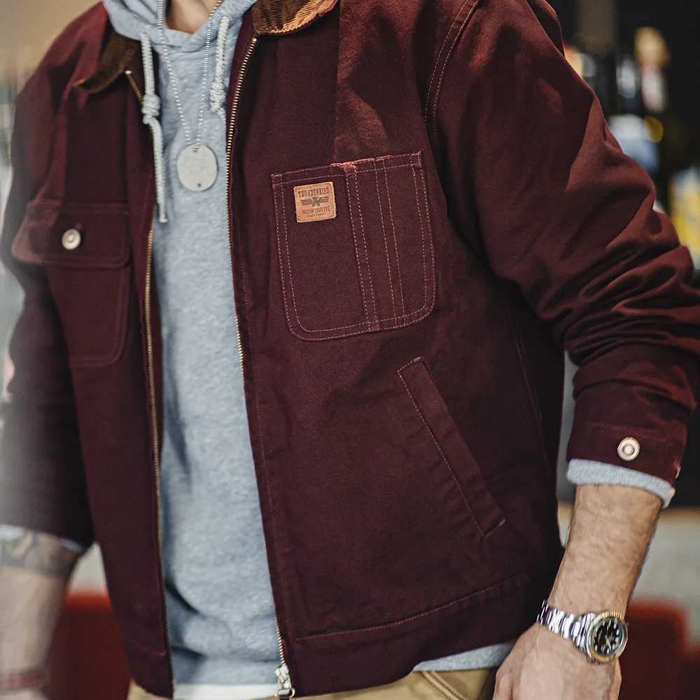 Maden Retro Heavyweight Canvas Detroit Jacket Corduroy Collar Hunting Short Zip-Up Jacket with Pockets Mens Autumn Outerwear LX241018