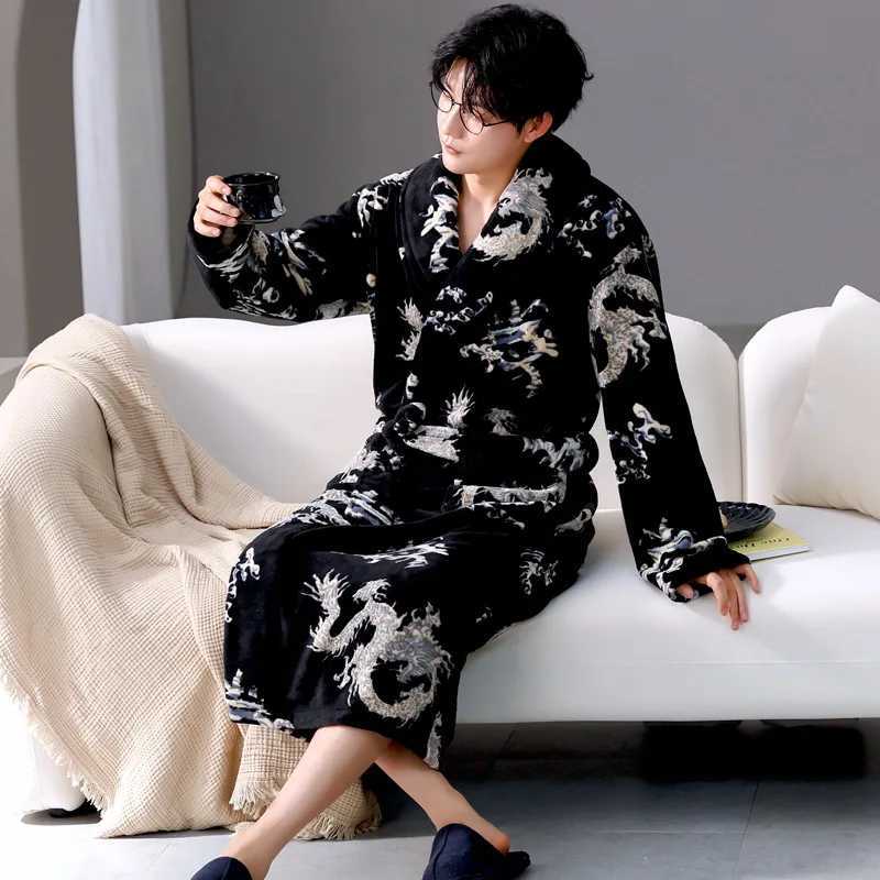 2024 New Mens Winter Keep Warm Sleepwear Kimono Bathrobe Gown Thicken Oversize Loose Coral Fleece Homewear Flannel Long RobeXJ241018