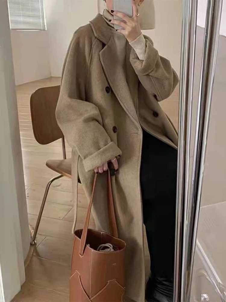 Women Loose Thicken Tweed Overcoat 2023 New Autumn Winter lace up Simple Fashion Solid 2 Sets Jacket Female Oversize Casual CoatX241009