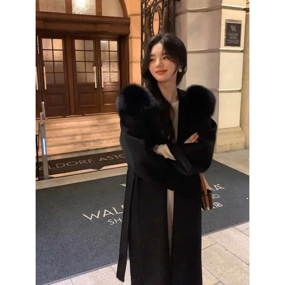 Natural Fox Soft Woolen Coats Female 2024 New Design Hooded Fur Wool Outerwear Jackets With Belt Women's Overcoats