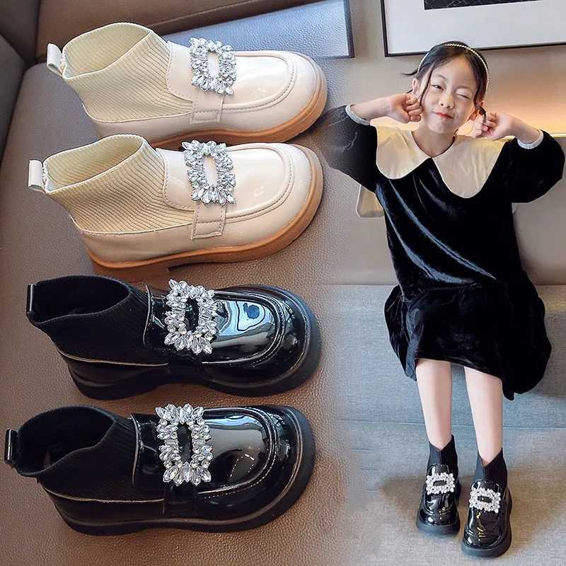 Boots Diamond girl socks shoes childrens leather boots autumn and winter baby fashion anti slip rubber sole H241018