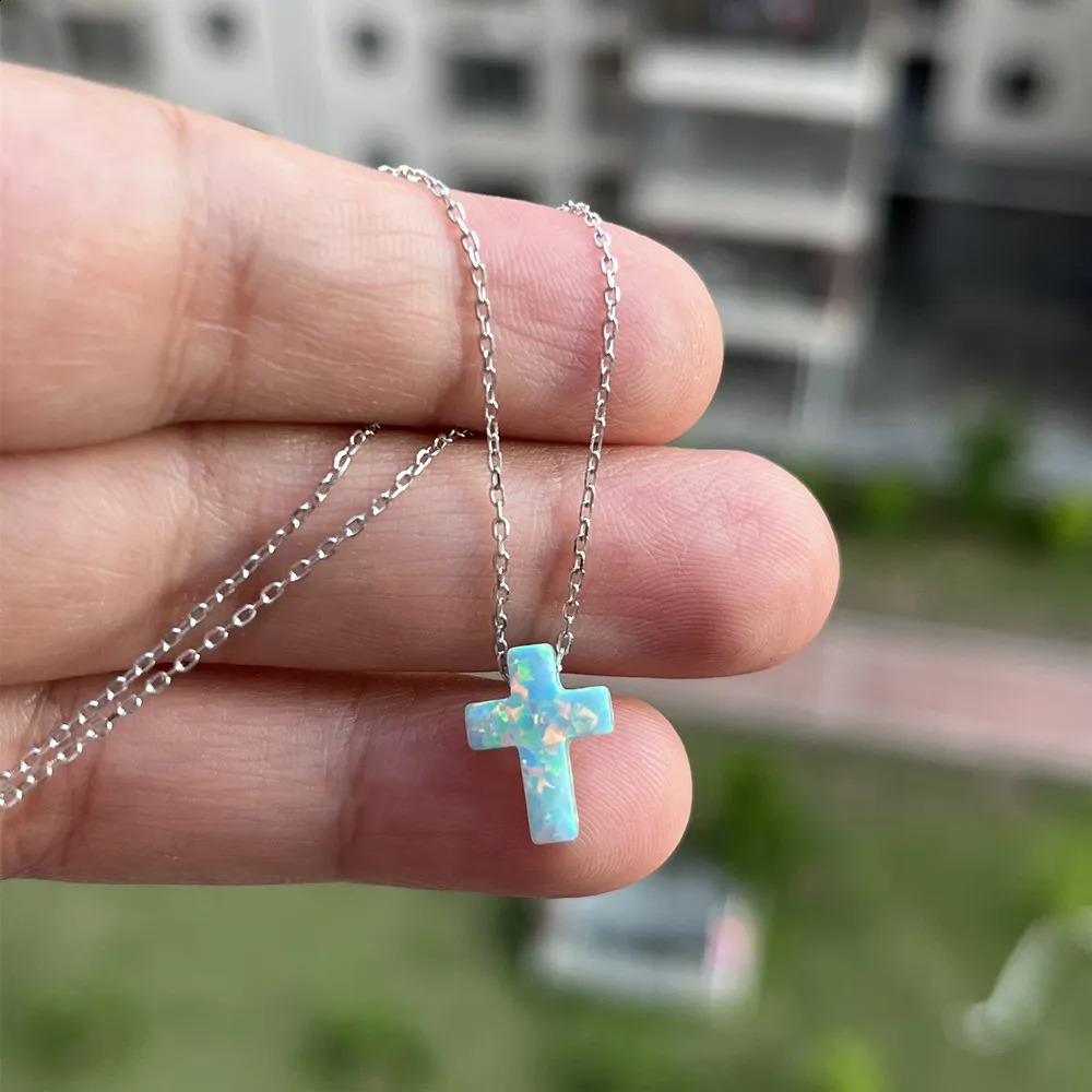 Synthetic OP03 Mint/OP05 Blue Cross Opal Necklace Fashion Cross Opal Necklace with Box Chain or O-Chain 241018