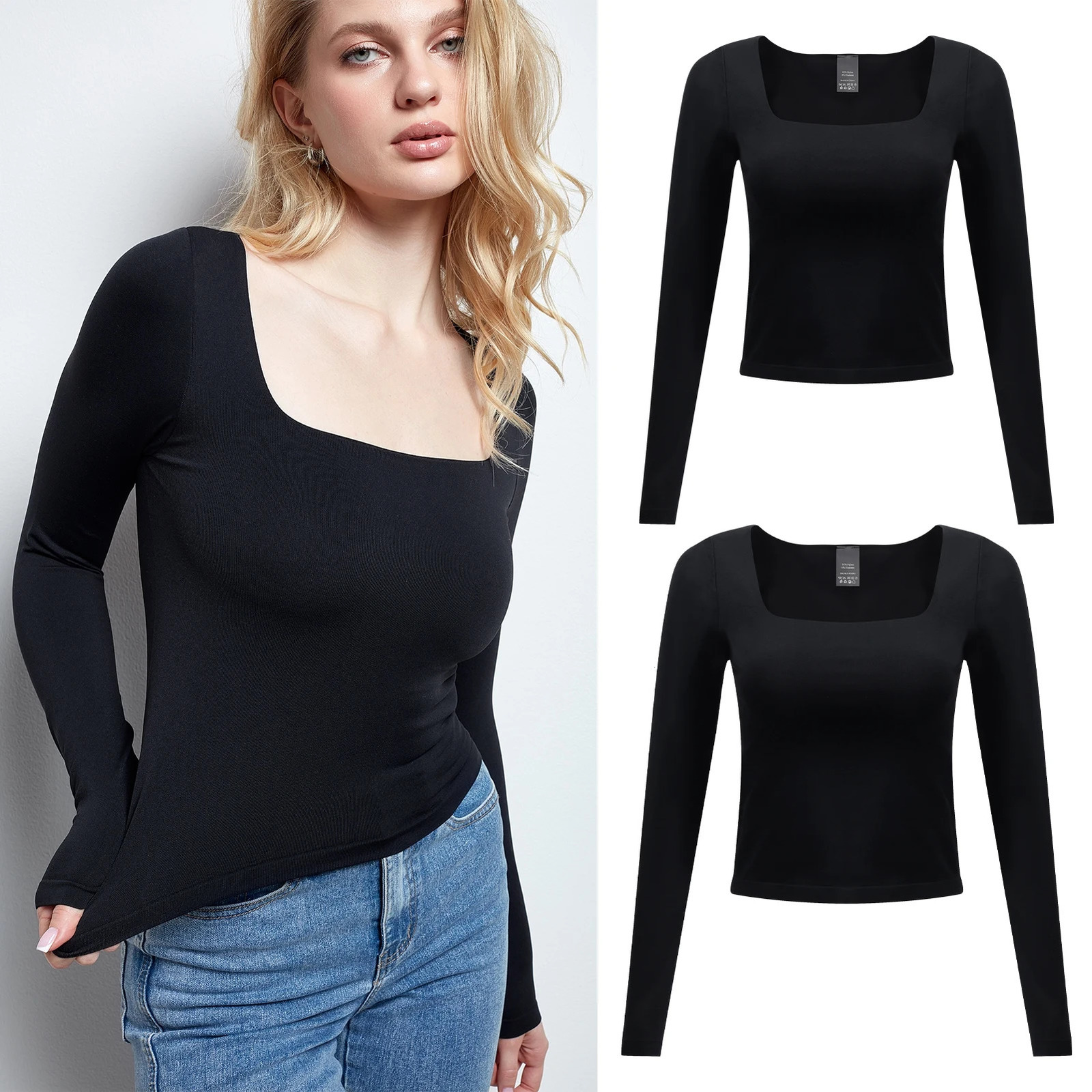 Women Black Crop Top Long Sleeve Square Neck Slim Fitted Y2K Casual Workout Basic TShirt Tops 241018