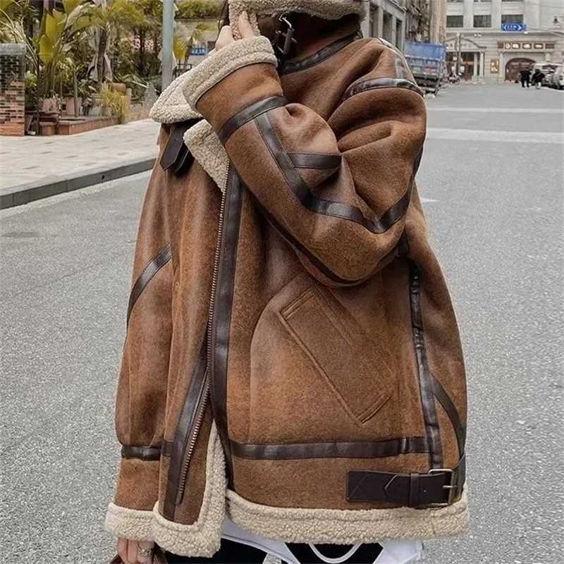 2024 Autumn/Winter New Lamb wool Coat Womens Short Loose Long Sleeve Vintage Motorcycle Thicken Jacket Top Female Warm OutwearX241018