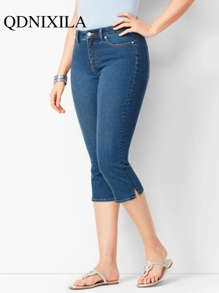 Womans Jeans Black Denim Pants Ladies Cropped Trousers Skinny Knee Length Jean Elastic High Waist Mom Oversize 241007