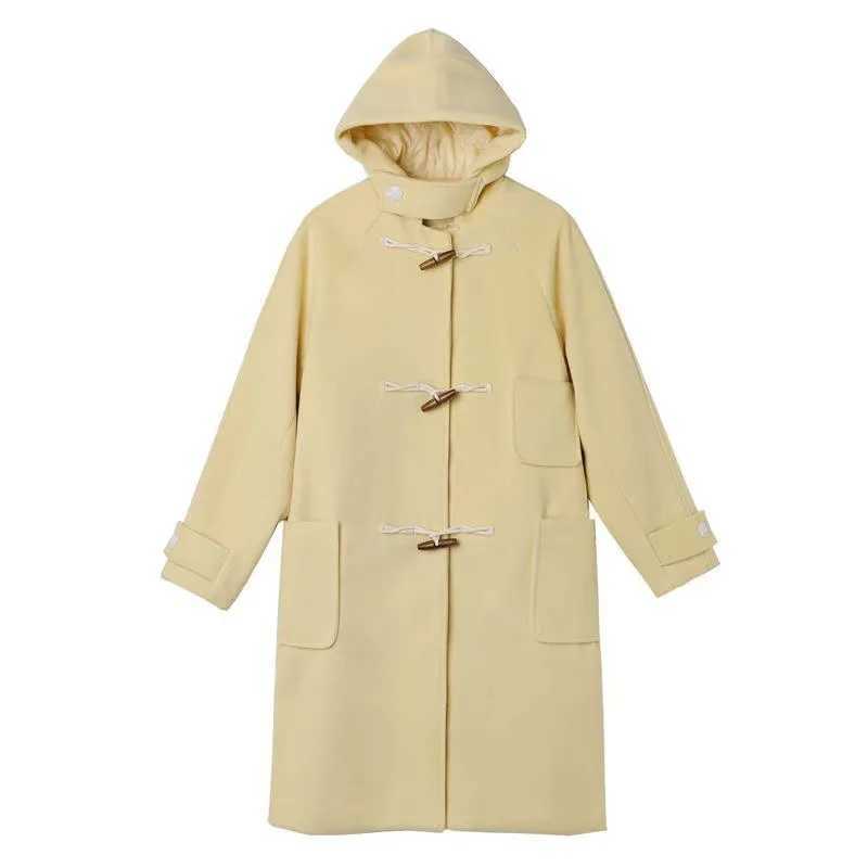 2023 New Woolen Coat for Women Goose Yellow Horn Button Coat for Autumn Winter Small Gentle Windbreaker Thick Hoodie OvercoatX241009