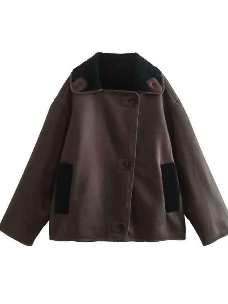 Vintage Lapel Faux Leather Lambswool Jacket Women Thick Single Breasted Long Sleeve Pocket Coats Autumn Warm Female StreetwearX241018