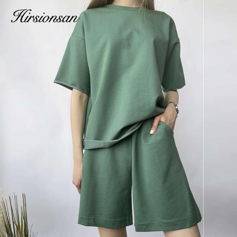 Hirsionsan Soft Cotton Sets Women 2021 New Casual Two Pieces Short Sleeve T Shirts And High Waist Shorts Solid Outfits Tracuit