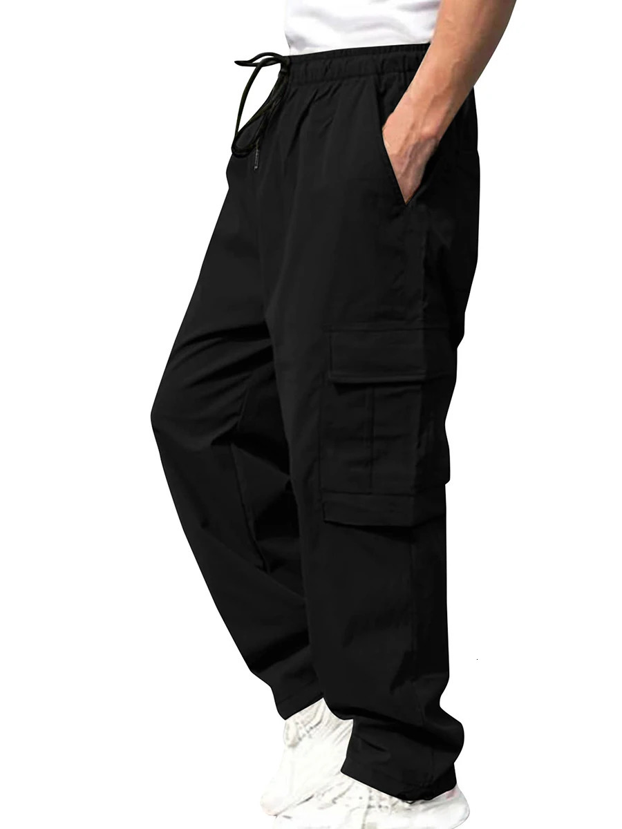 Men s Loose Cargo Long Pants Solid Color Drawstring Waist Straight Leg Trousers Casual Work with Pockets 241018