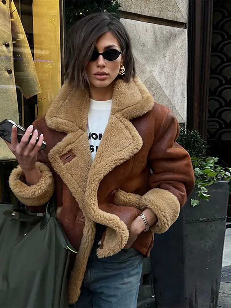 Retro Lapel Lamb Wool Lined With Thickened Suede Jacket Women Fashion Brown Long Sleeve Pocket Warm Coat Lady New Winter OutwearX241018