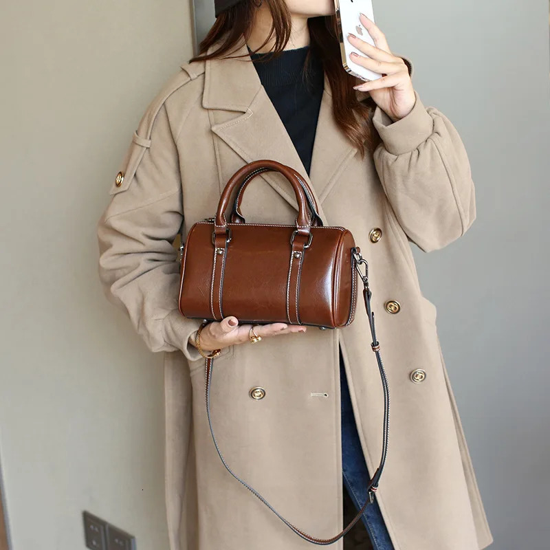 2024 New Trendy Women's Genuine Cow Handbag Classic Boston Pillow Fashion Shoulder Bag Soft Leather