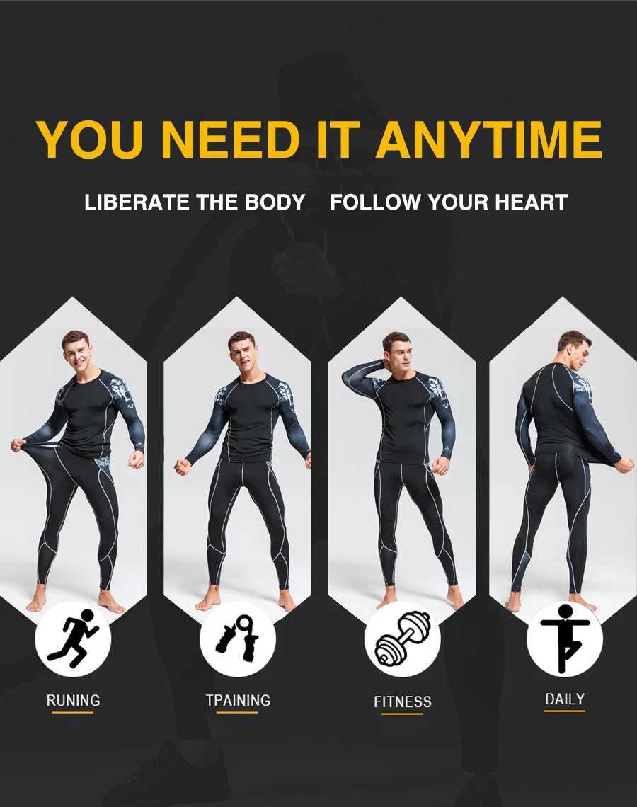 Men's Thermal Underwear Mens Winter Compression Underwear Men Winter Thermal underwear MMA Bodybuilding T-Shirt Skull Rashgarda Leggings Tracksui