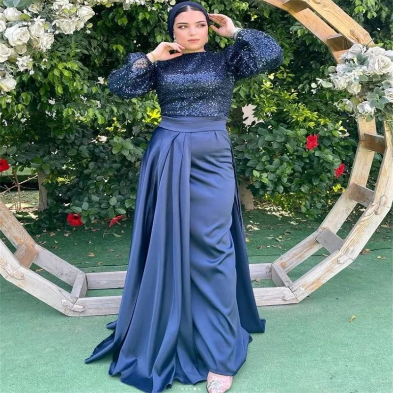 Navy Blue Muslim Evening Dress Elegant Dubai Abaya Sequin Prom Dresses Long Sleeve Saudi Arabic Islamic Formal Dress Engagement Birthday Vestios De Fi